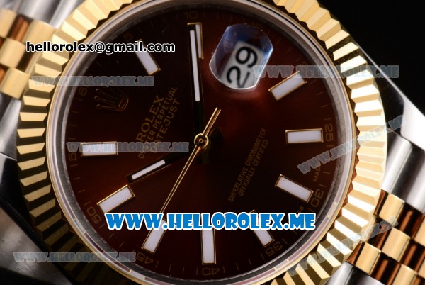 Rolex Datejust II Asia 2813 Automatic Two Tone Case/Bracelet with Brown Dial and Stick Markers (BP) - Click Image to Close